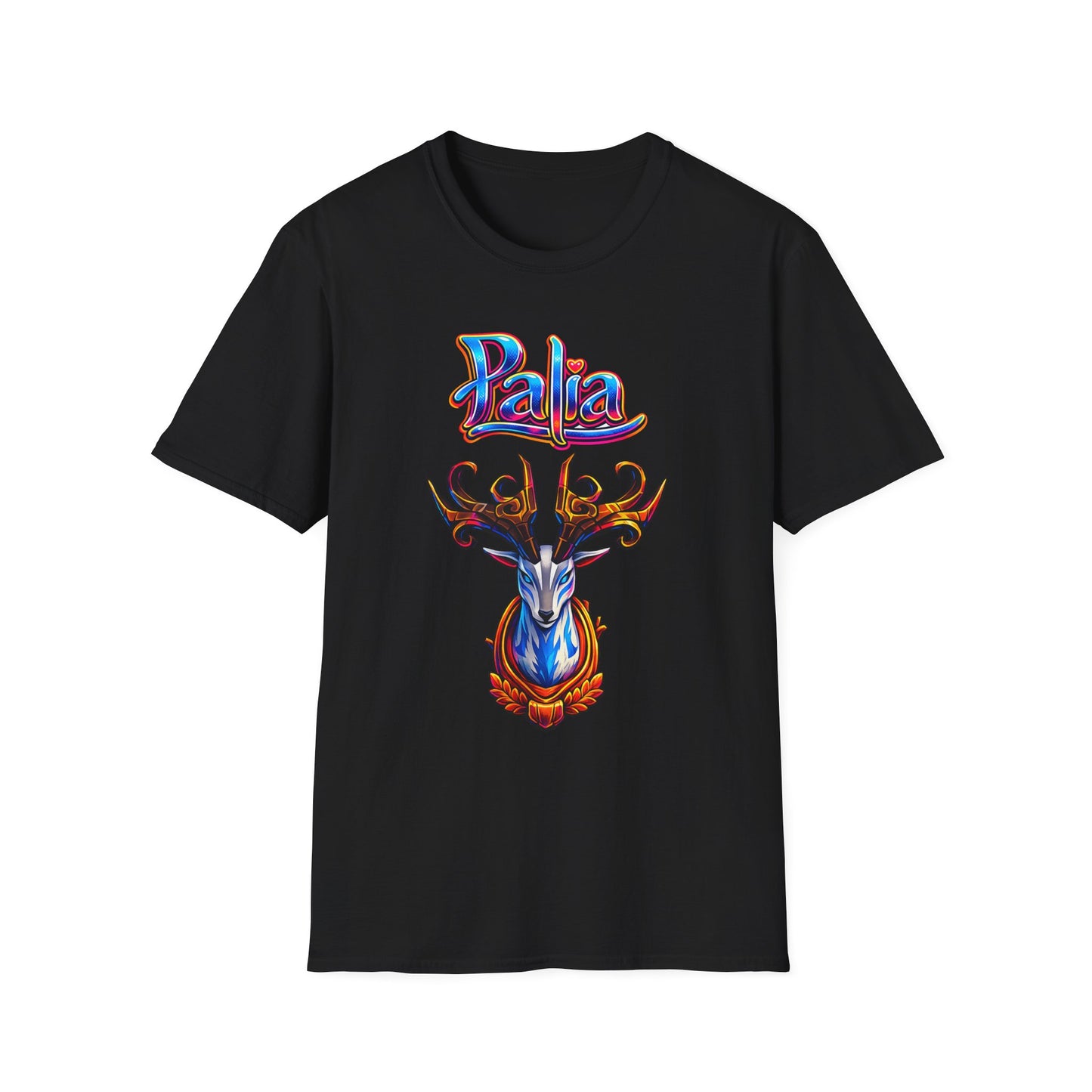 Palia Inspired Proudhorned Sernuk Trophy Graphic T-Shirt — 'Palia' Colorful Disco Deer Design