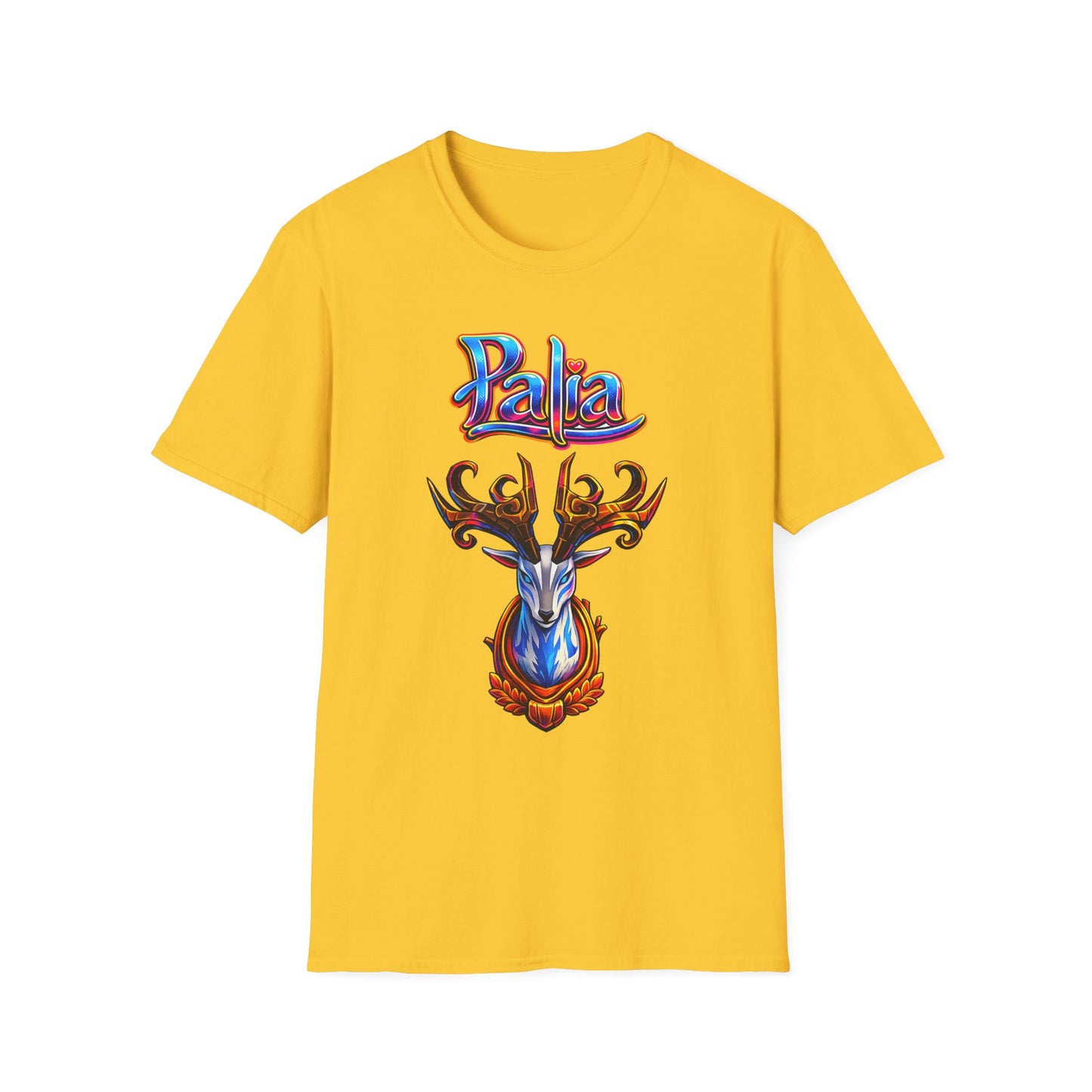Palia Inspired Proudhorned Sernuk Trophy Graphic T-Shirt — 'Palia' Colorful Disco Deer Design