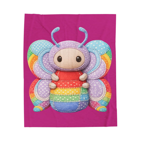 Palia Inspired Plush Rainbow Tipped Butterfly Patchwork Velveteen Blanket — Soft Cute RTB Throw