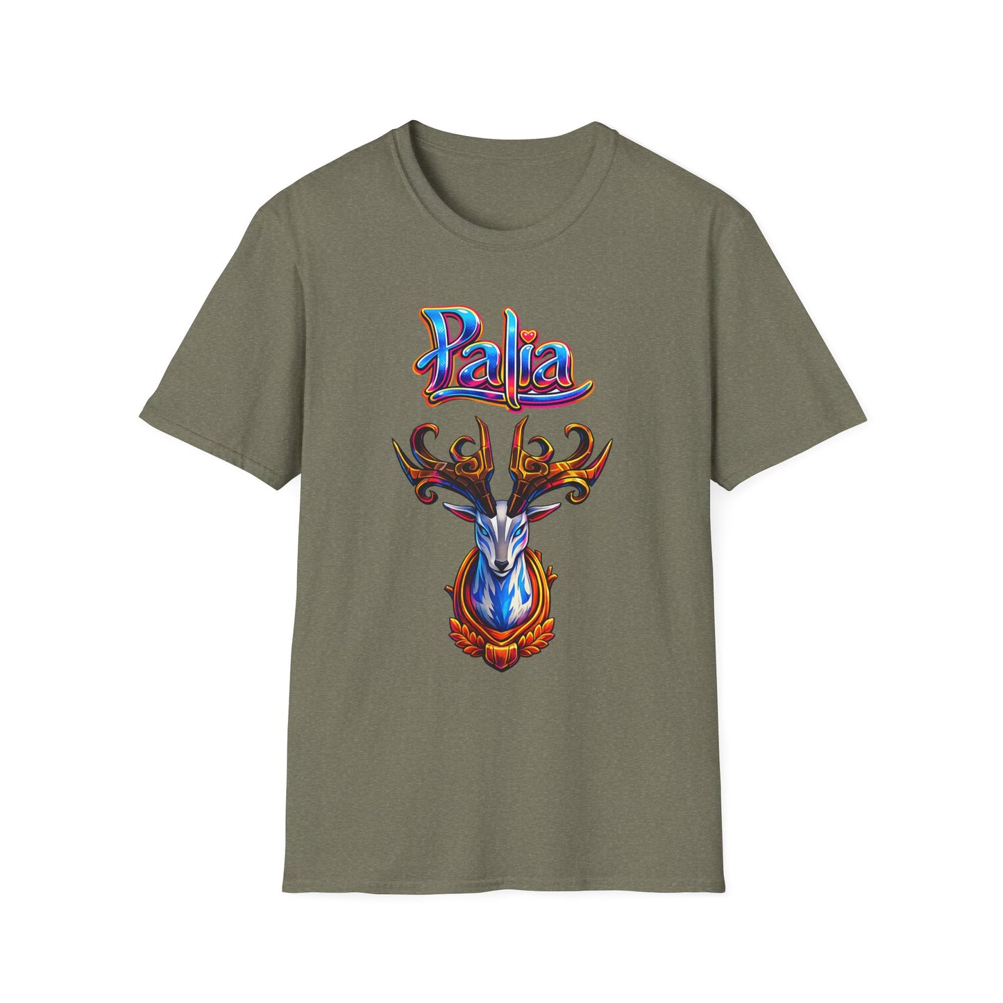 Palia Inspired Proudhorned Sernuk Trophy Graphic T-Shirt — 'Palia' Colorful Disco Deer Design