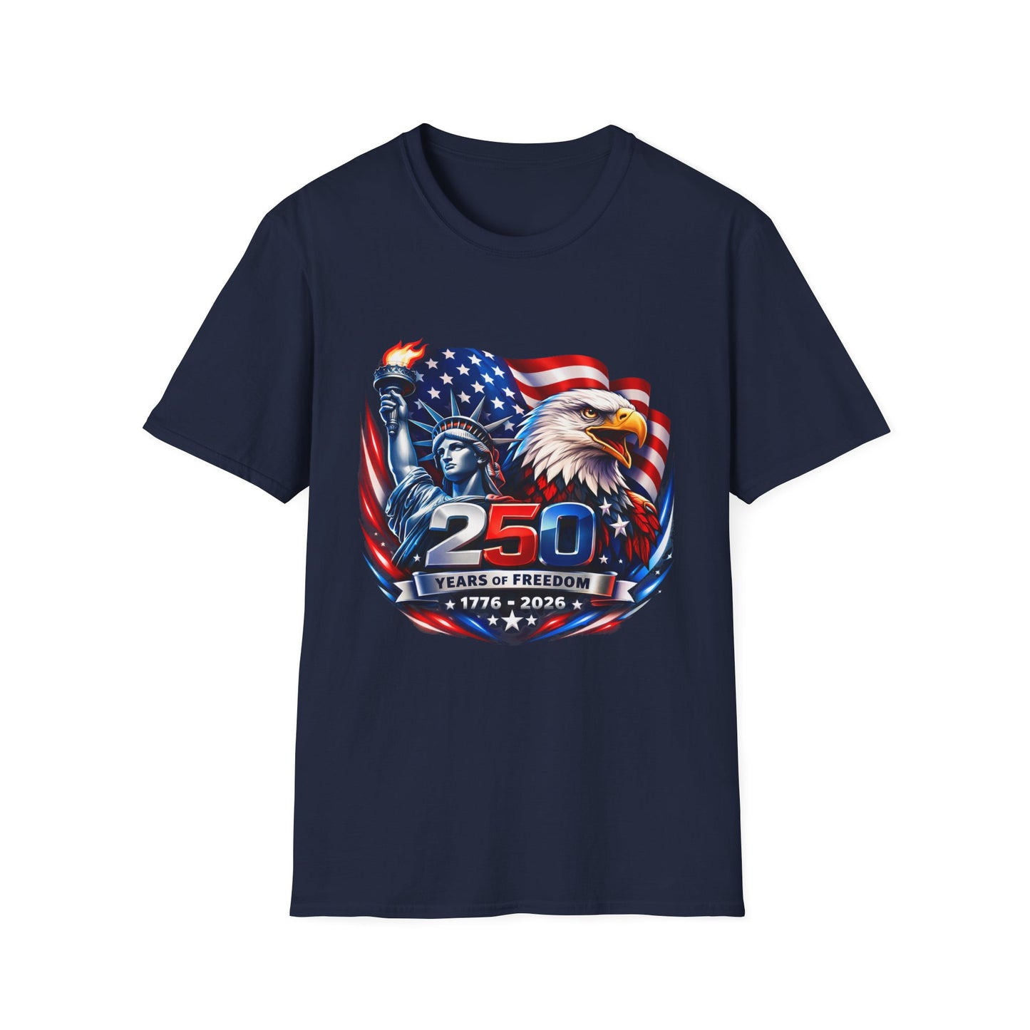250 Years of Freedom 1776–2026 Patriotic T-Shirt — American Flag, Statue of Liberty & Bald Eagle Design