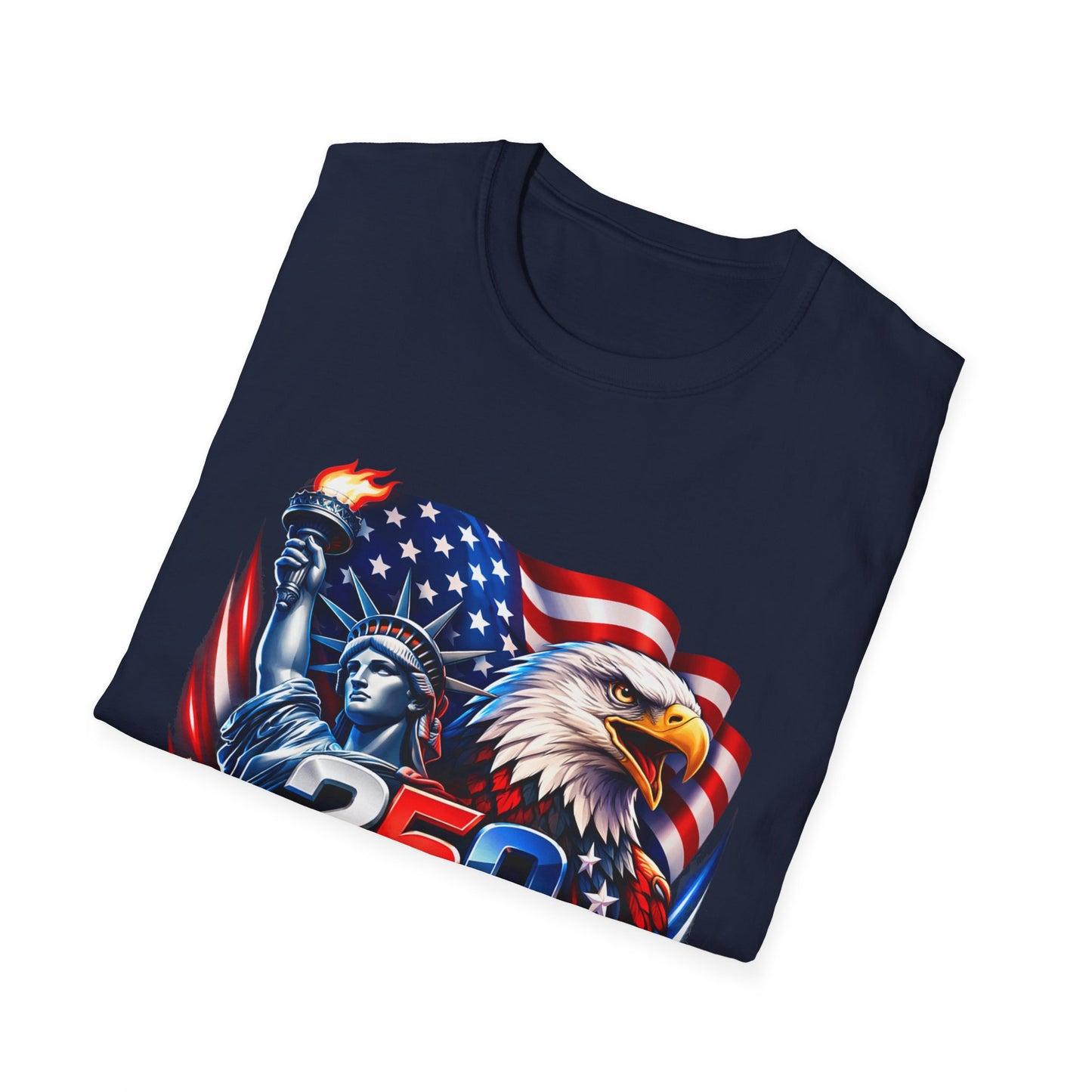 250 Years of Freedom 1776–2026 Patriotic T-Shirt — American Flag, Statue of Liberty & Bald Eagle Design