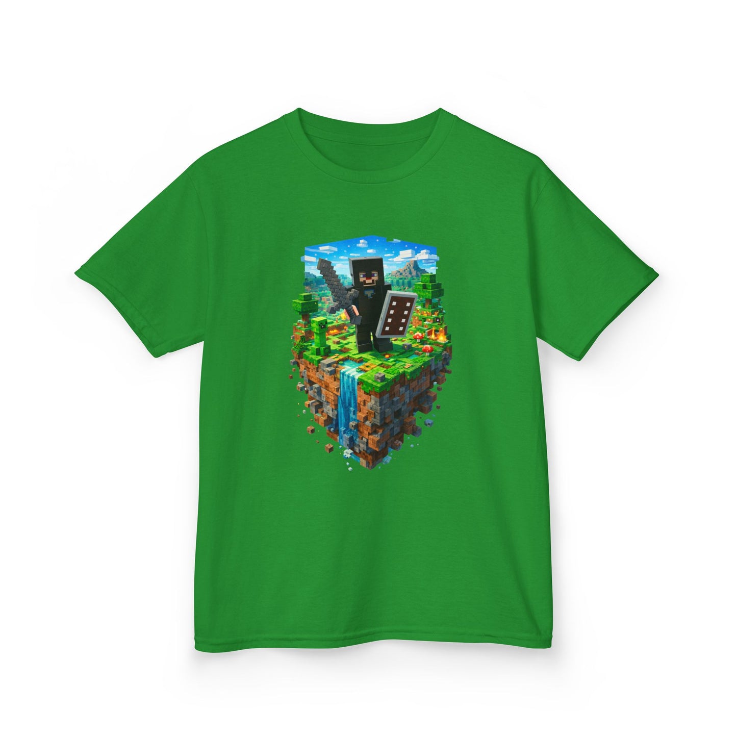 Kids Minecraft Island Tee — Netherite Armor Steve and Creeper & Block Adventure Shirt