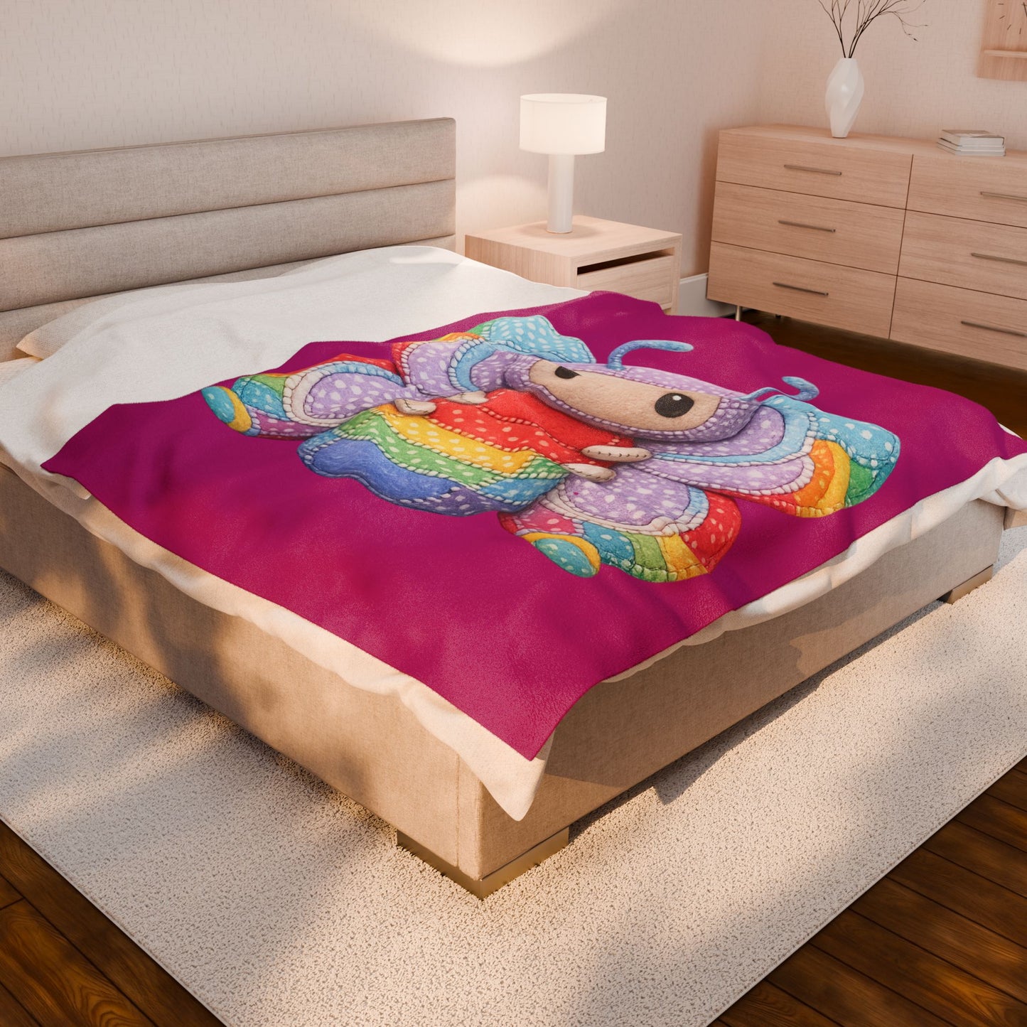 Palia Inspired Plush Rainbow Tipped Butterfly Patchwork Velveteen Blanket — Soft Cute RTB Throw