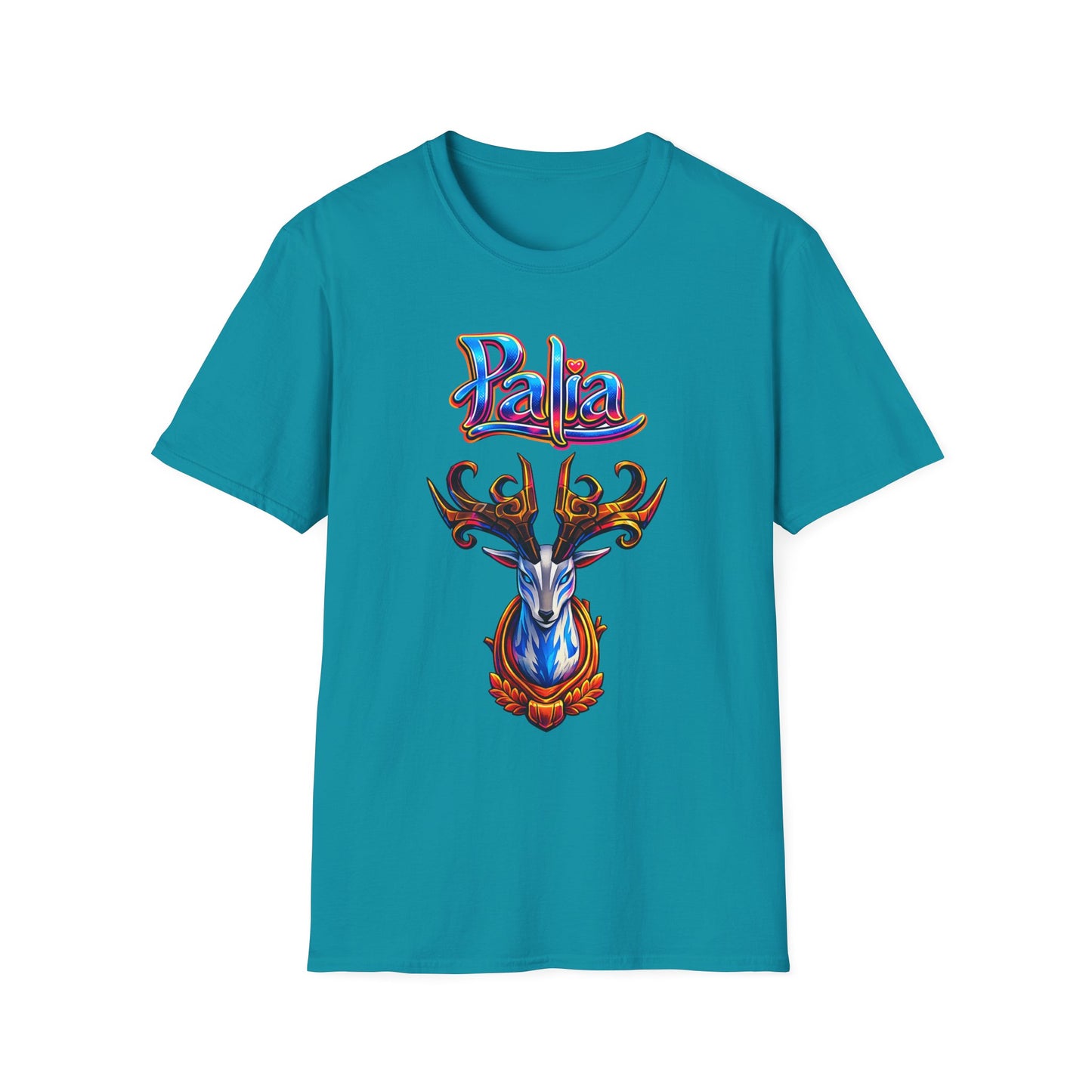 Palia Inspired Proudhorned Sernuk Trophy Graphic T-Shirt — 'Palia' Colorful Disco Deer Design
