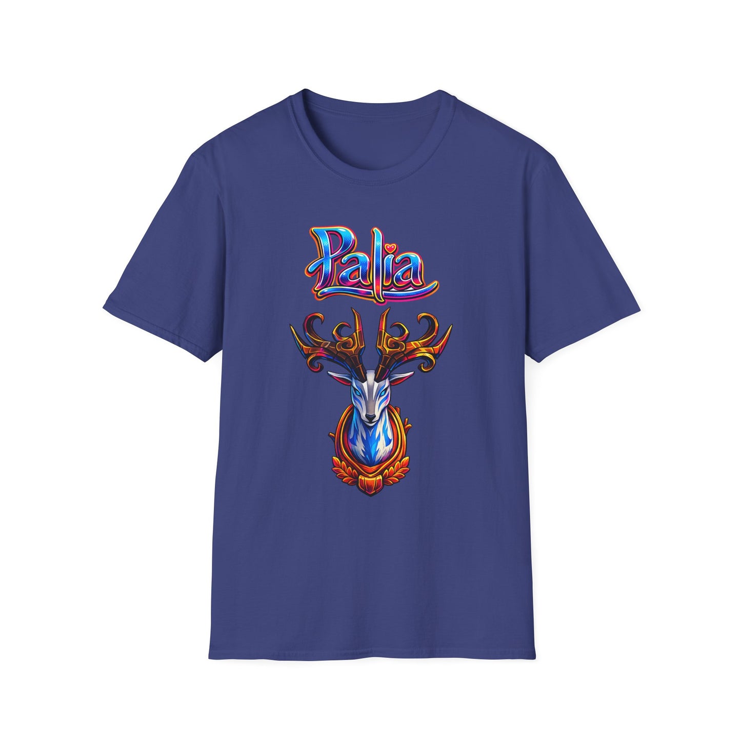 Palia Inspired Proudhorned Sernuk Trophy Graphic T-Shirt — 'Palia' Colorful Disco Deer Design