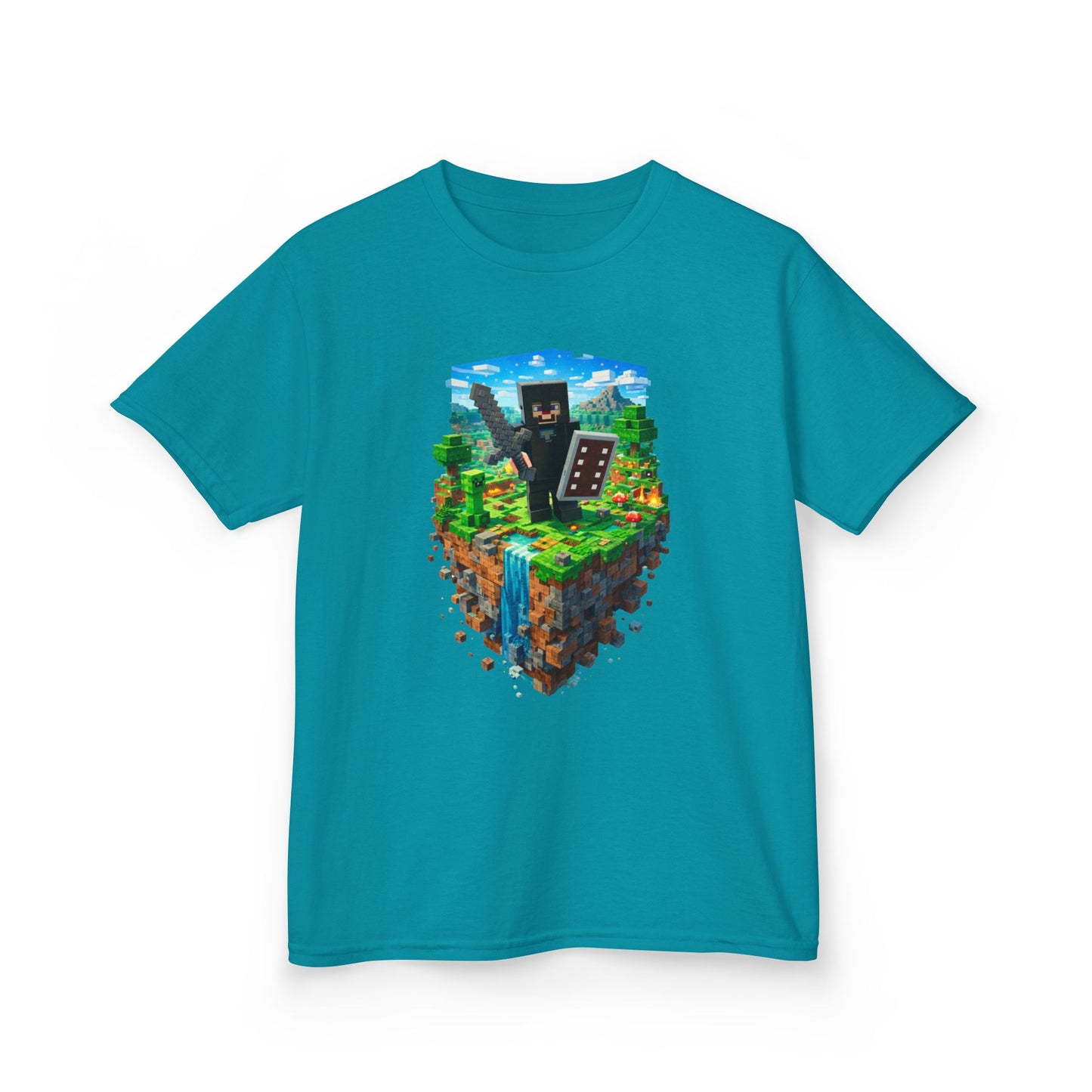 Kids Minecraft Island Tee — Netherite Armor Steve and Creeper & Block Adventure Shirt
