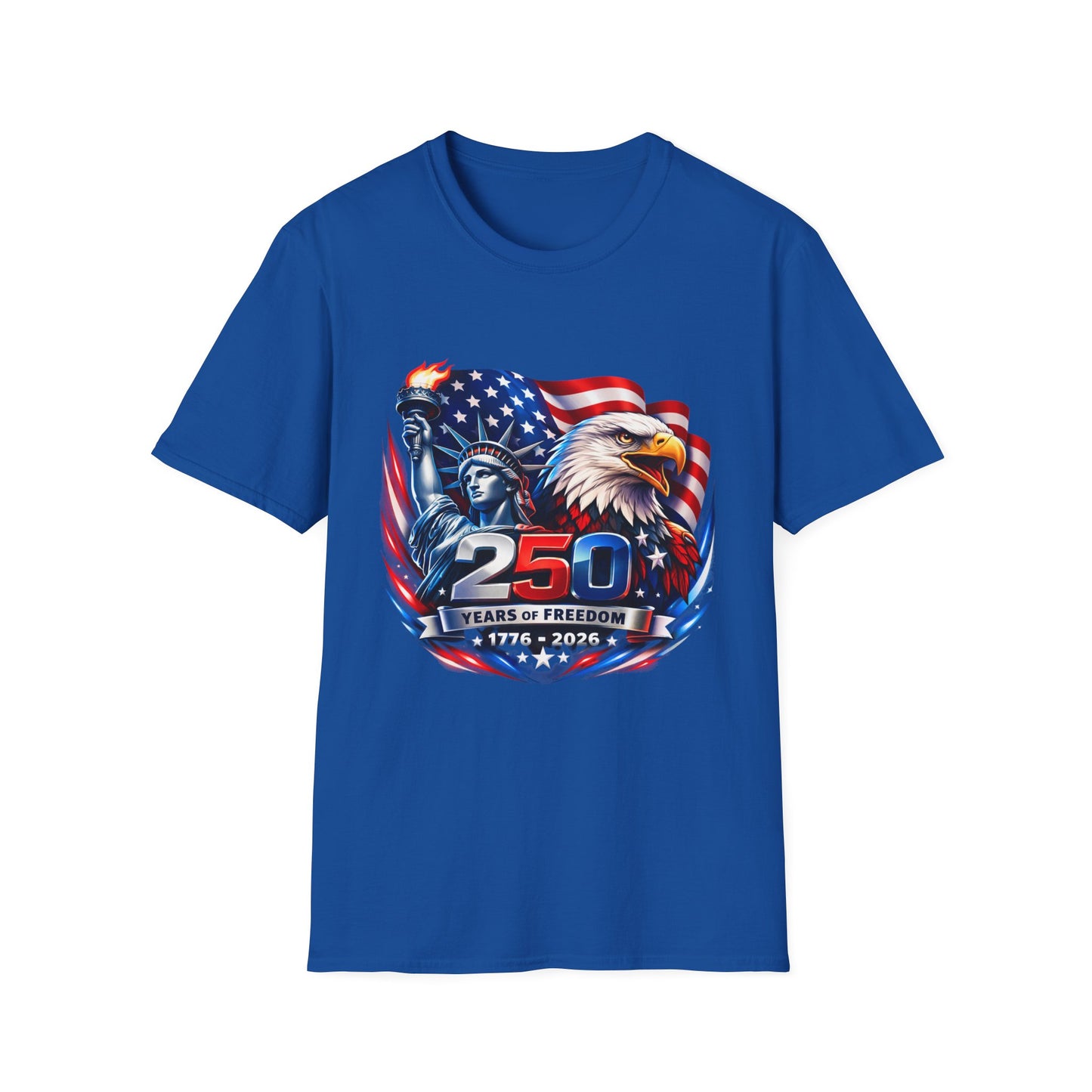 250 Years of Freedom 1776–2026 Patriotic T-Shirt — American Flag, Statue of Liberty & Bald Eagle Design