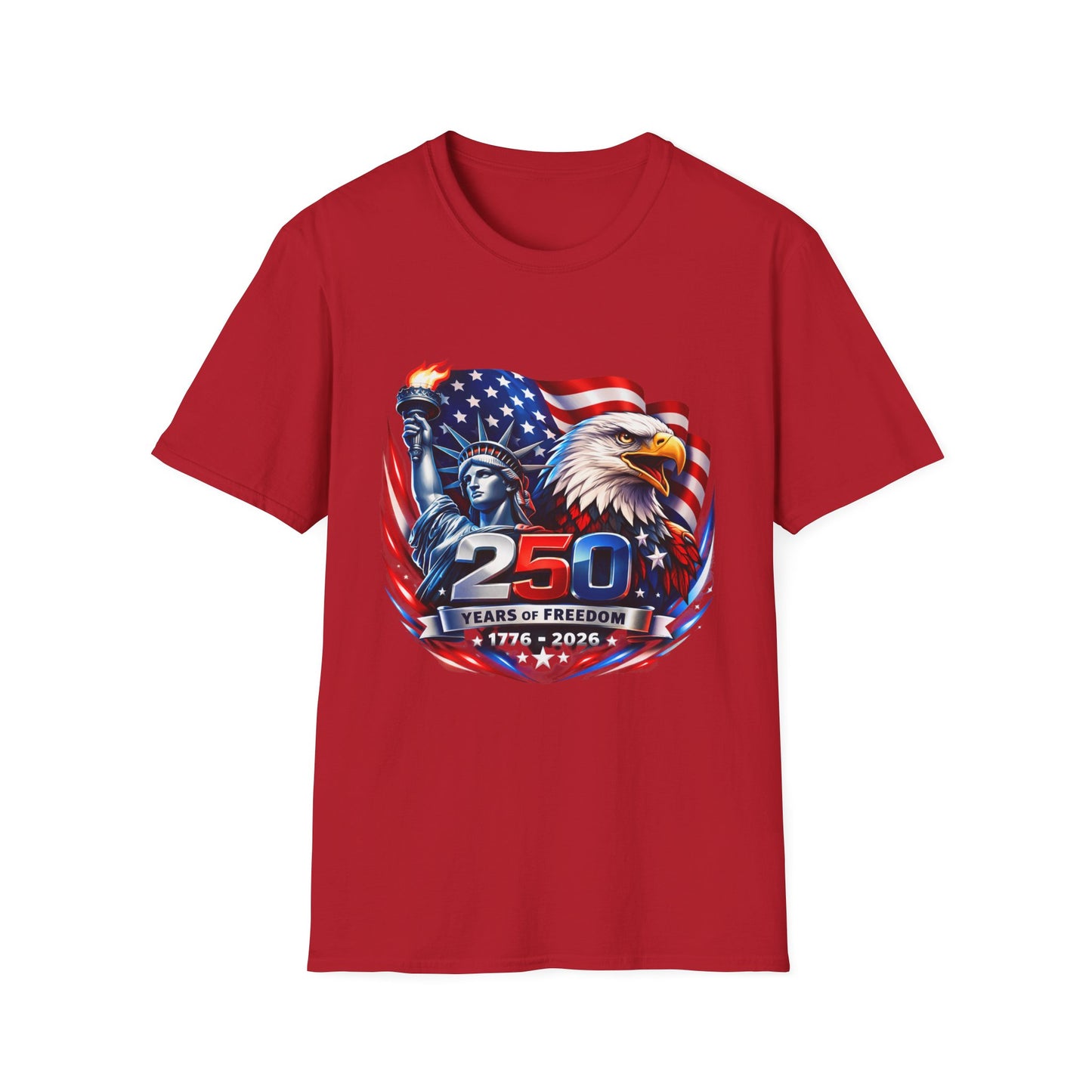 250 Years of Freedom 1776–2026 Patriotic T-Shirt — American Flag, Statue of Liberty & Bald Eagle Design