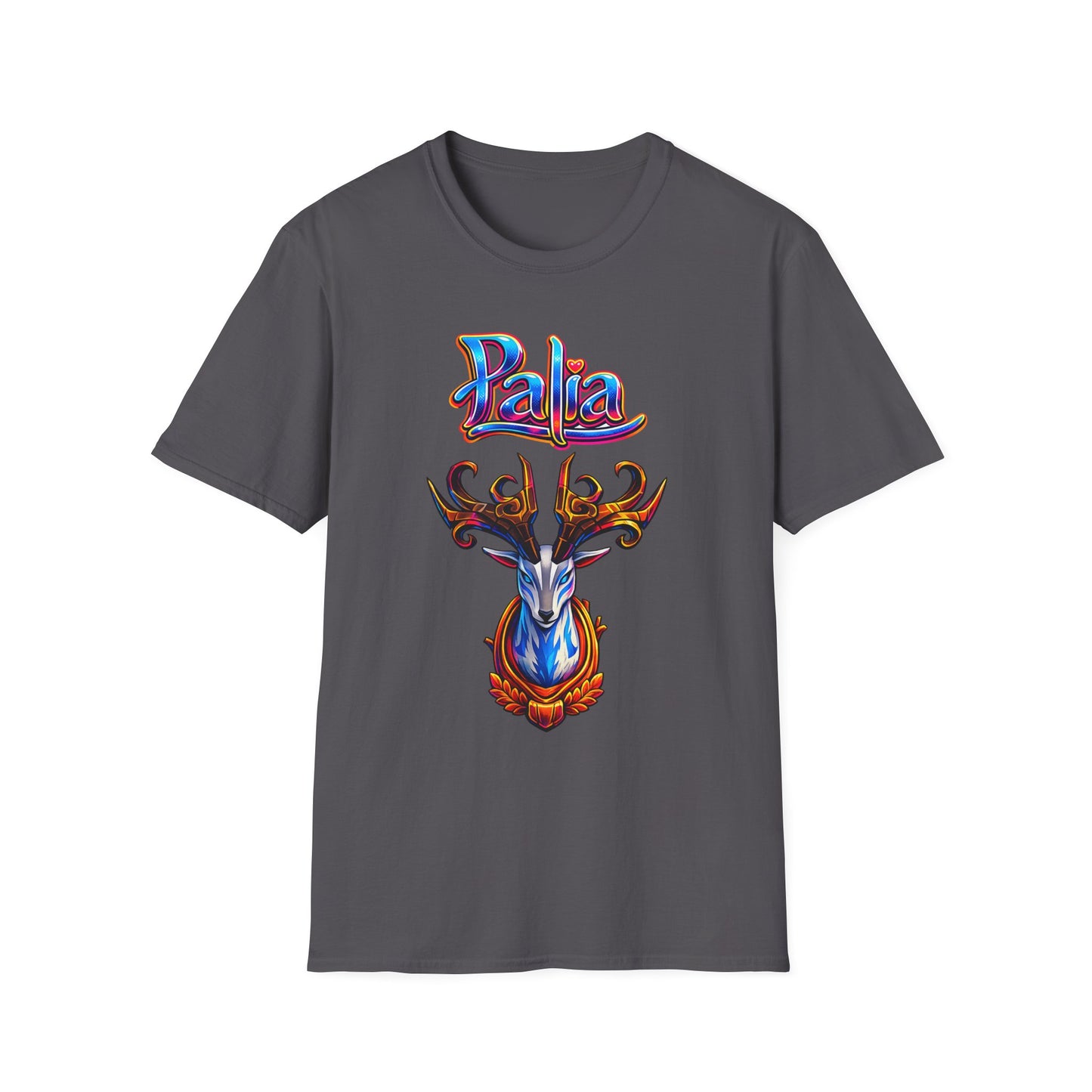 Palia Inspired Proudhorned Sernuk Trophy Graphic T-Shirt — 'Palia' Colorful Disco Deer Design