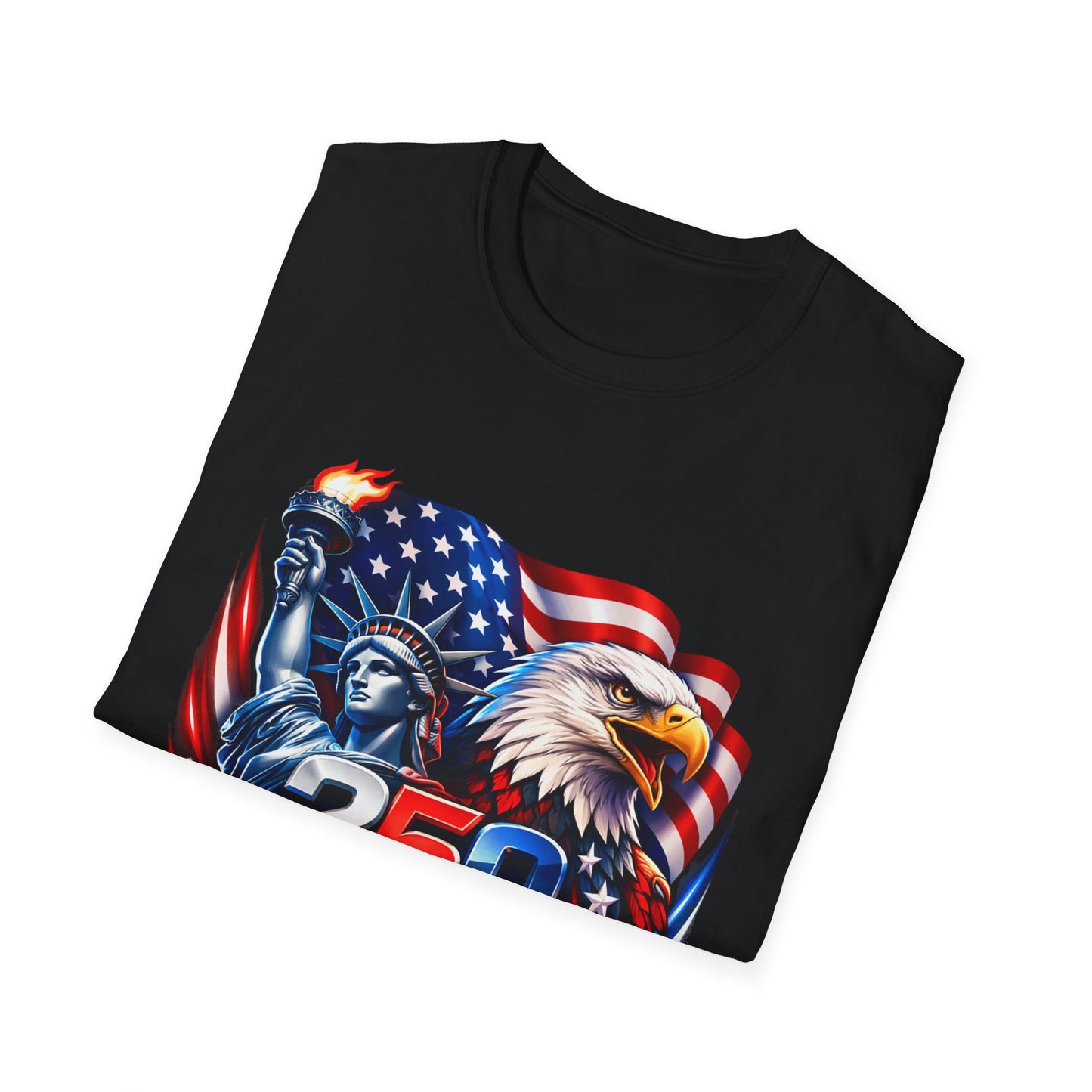 250 Years of Freedom 1776–2026 Patriotic T-Shirt — American Flag, Statue of Liberty & Bald Eagle Design