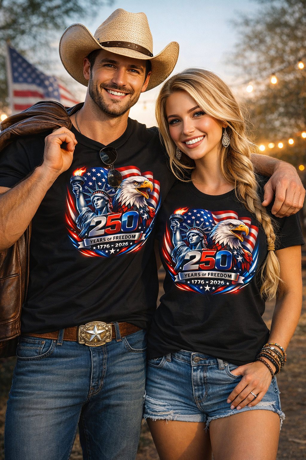 250 Years of Freedom 1776–2026 Patriotic T-Shirt — American Flag, Statue of Liberty & Bald Eagle Design