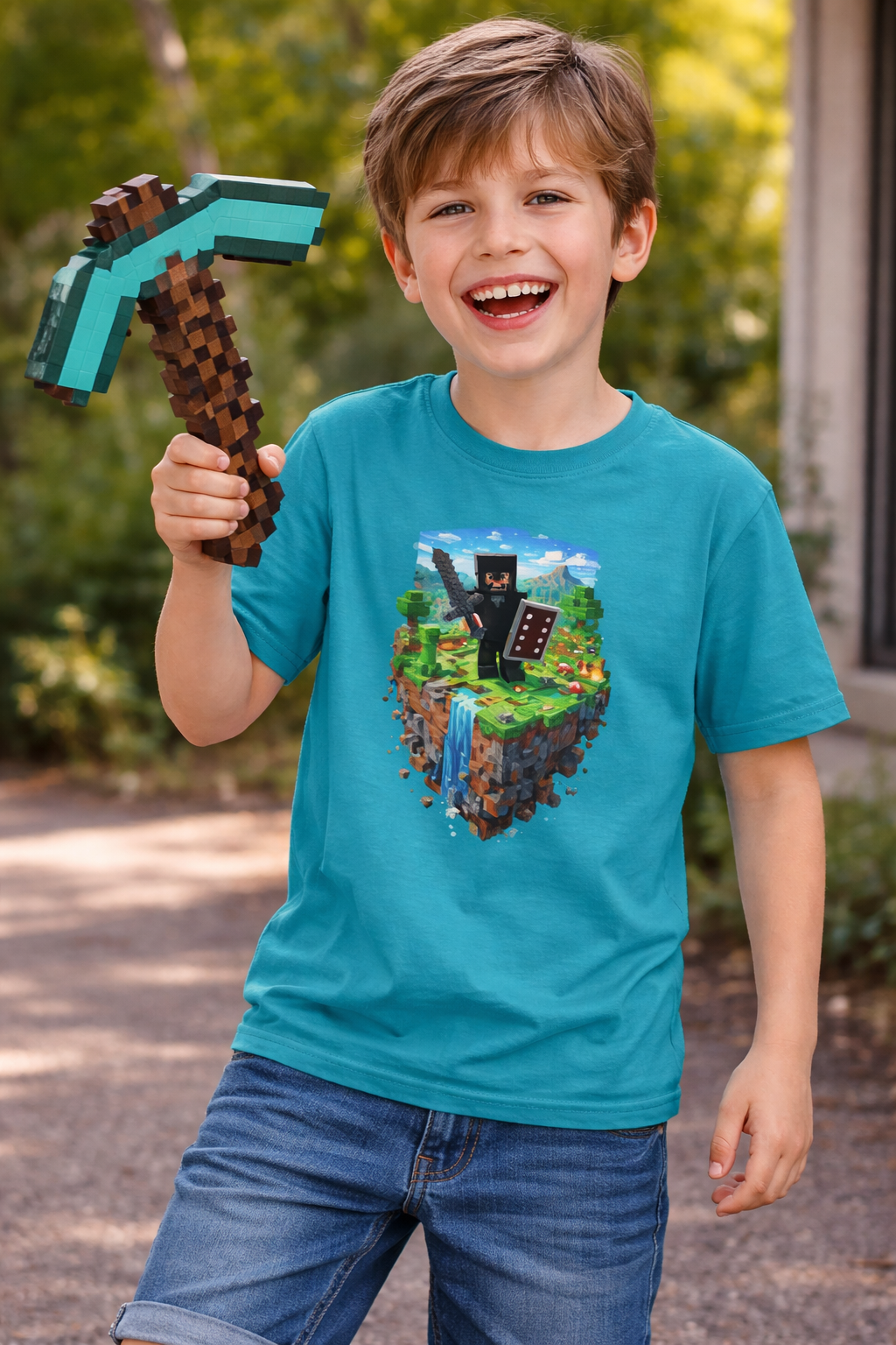 Kids Minecraft Island Tee — Netherite Armor Steve and Creeper & Block Adventure Shirt
