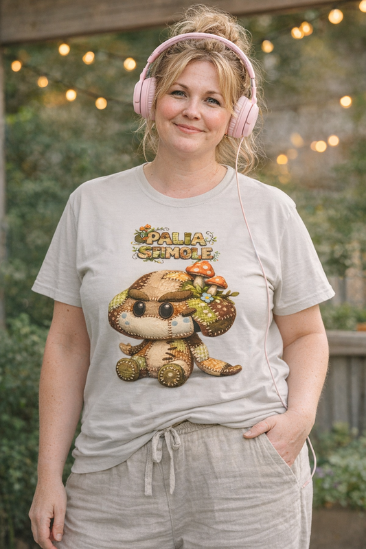 Palia Inspired Shmole Plush Patchwork Cute Plush Mushroom T-Shirt
