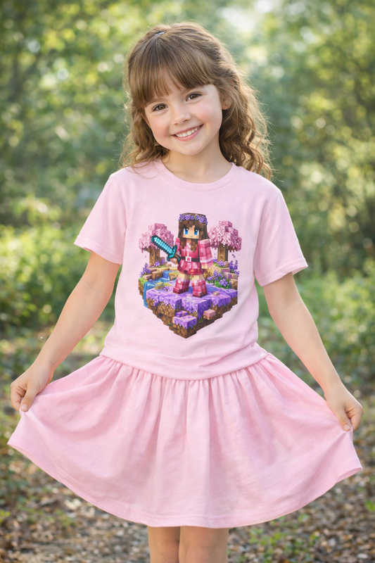 Minecraft Inspired Gamer Girl in Lavender Field — Pink Sakura Island Gamer Shirt