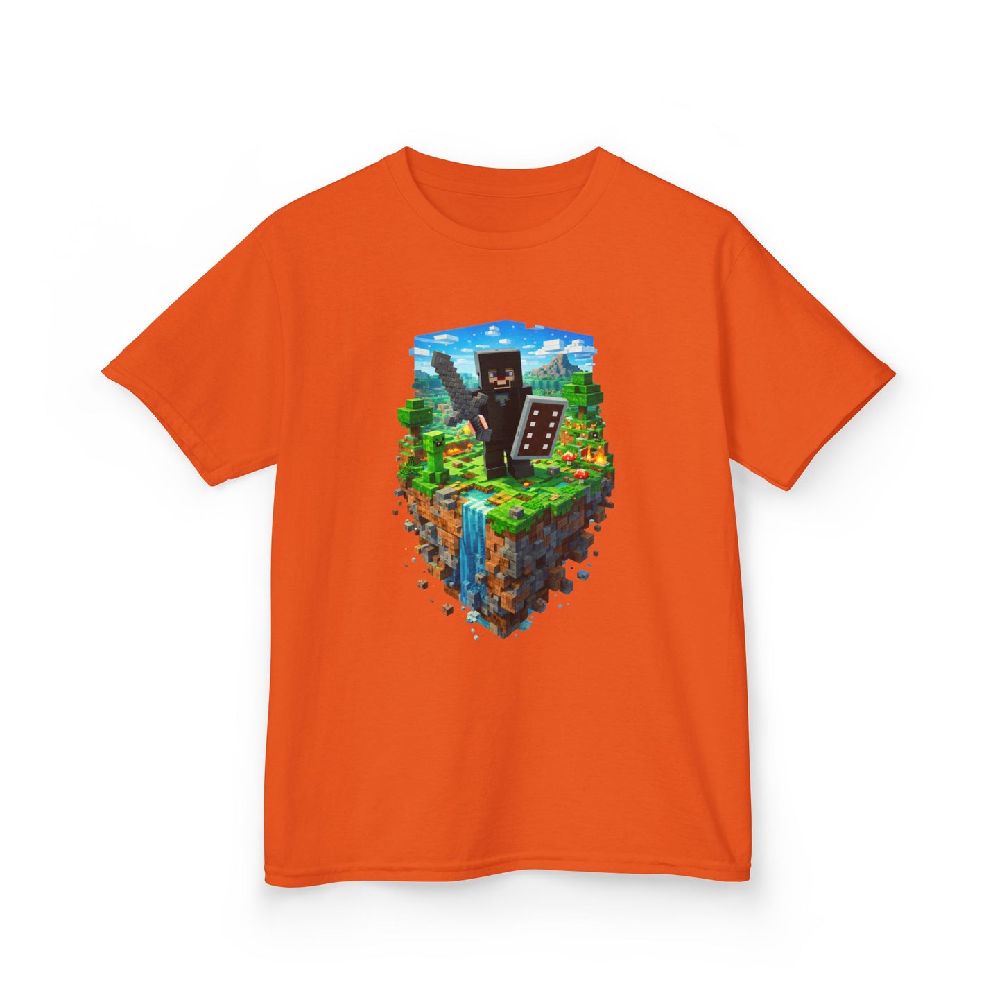 Kids Minecraft Island Tee — Netherite Armor Steve and Creeper & Block Adventure Shirt