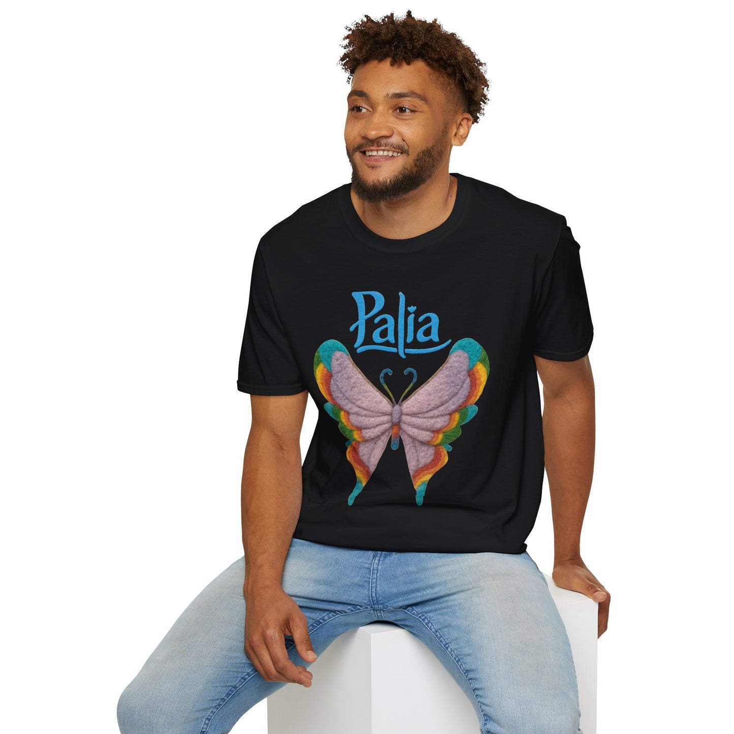 Palia Inspired Rainbow Tipped Butterfly T-Shirt — Colorful Felt-like Wings Graphic Tee