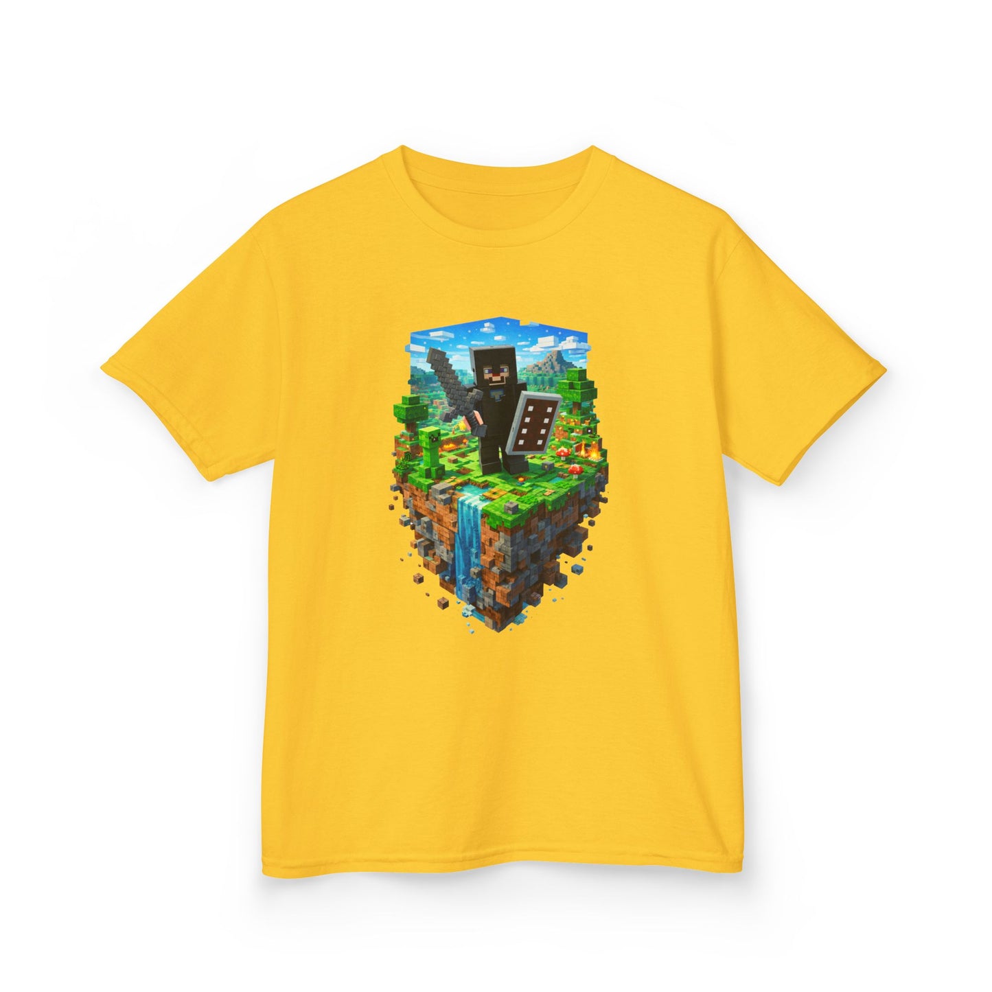 Kids Minecraft Island Tee — Netherite Armor Steve and Creeper & Block Adventure Shirt