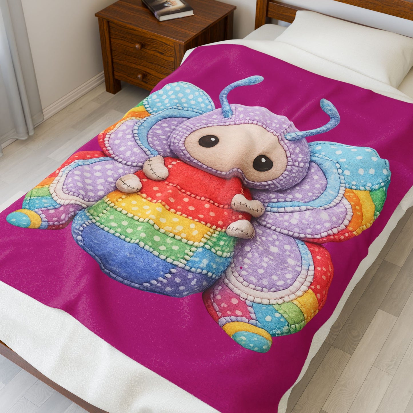 Palia Inspired Plush Rainbow Tipped Butterfly Patchwork Velveteen Blanket — Soft Cute RTB Throw