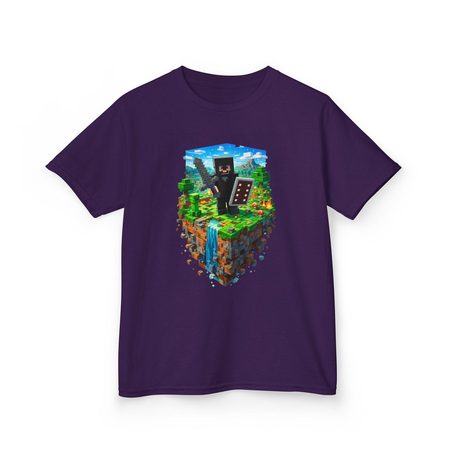 Kids Minecraft Island Tee — Netherite Armor Steve and Creeper & Block Adventure Shirt