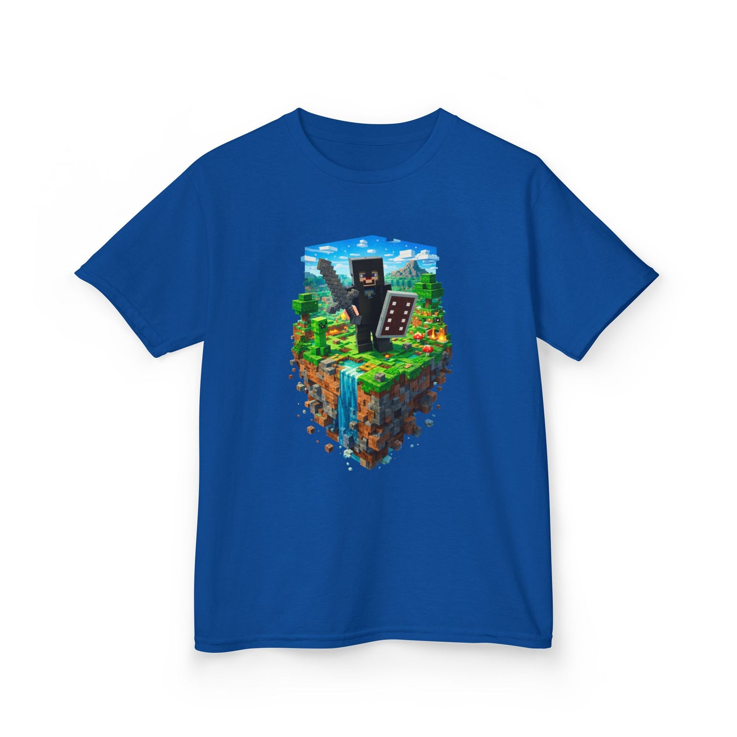 Kids Minecraft Island Tee — Netherite Armor Steve and Creeper & Block Adventure Shirt