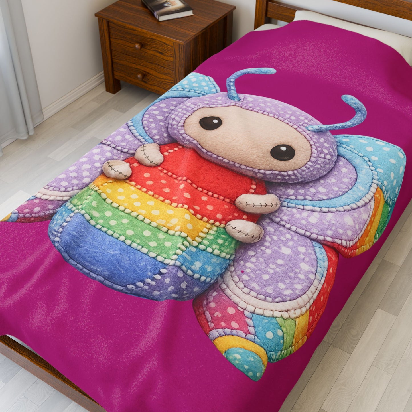 Palia Inspired Plush Rainbow Tipped Butterfly Patchwork Velveteen Blanket — Soft Cute RTB Throw