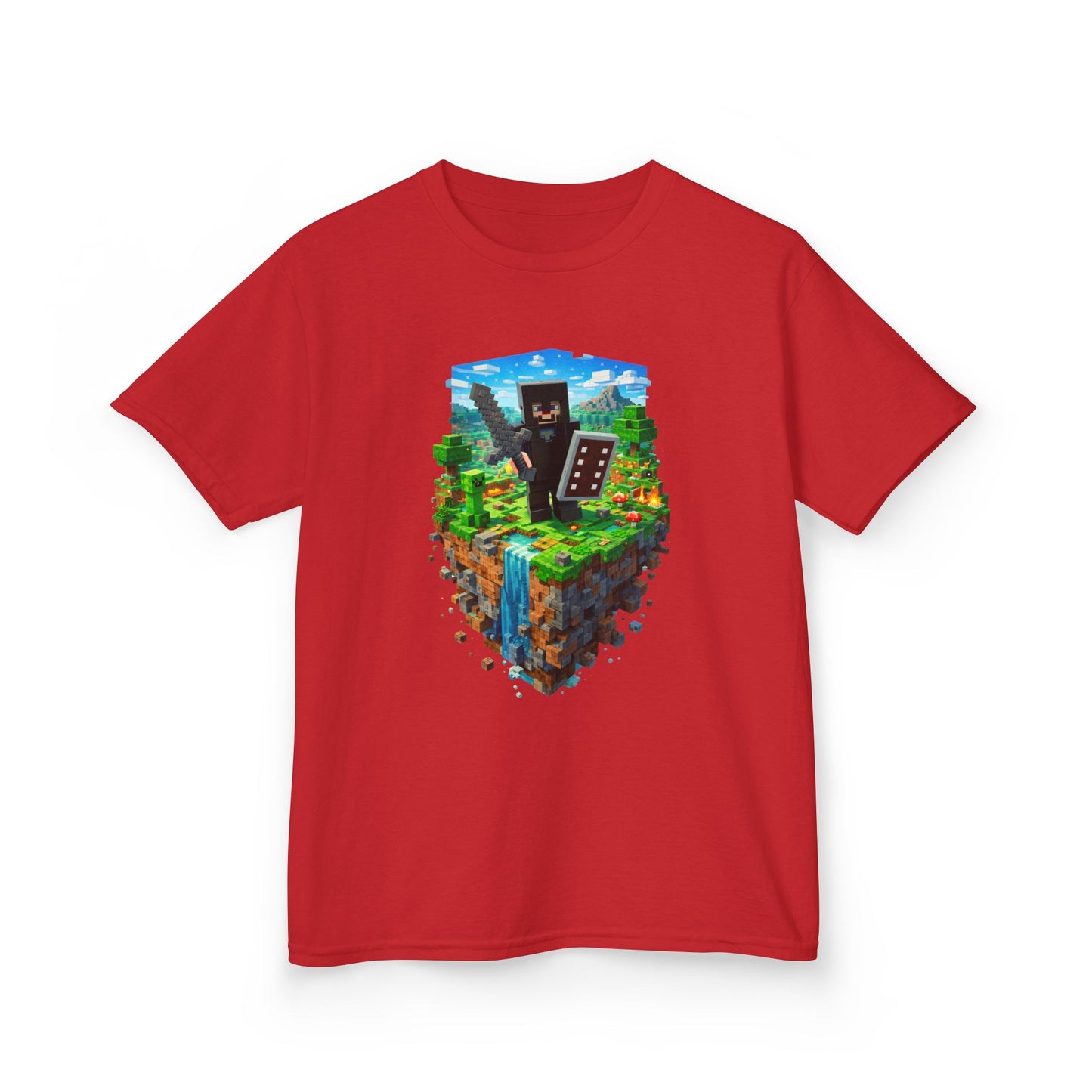 Kids Minecraft Island Tee — Netherite Armor Steve and Creeper & Block Adventure Shirt