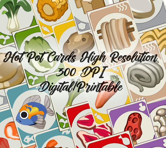 Printable Palia-inspired Hot Pot card set featuring colorful food-category artwork created by WitchSoul.

