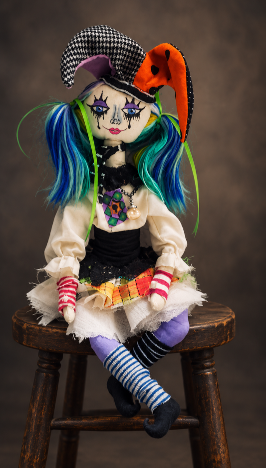One Of A Kind Jinxabelle, the Uninvited Jester — Original Surrealist Textile Art Doll