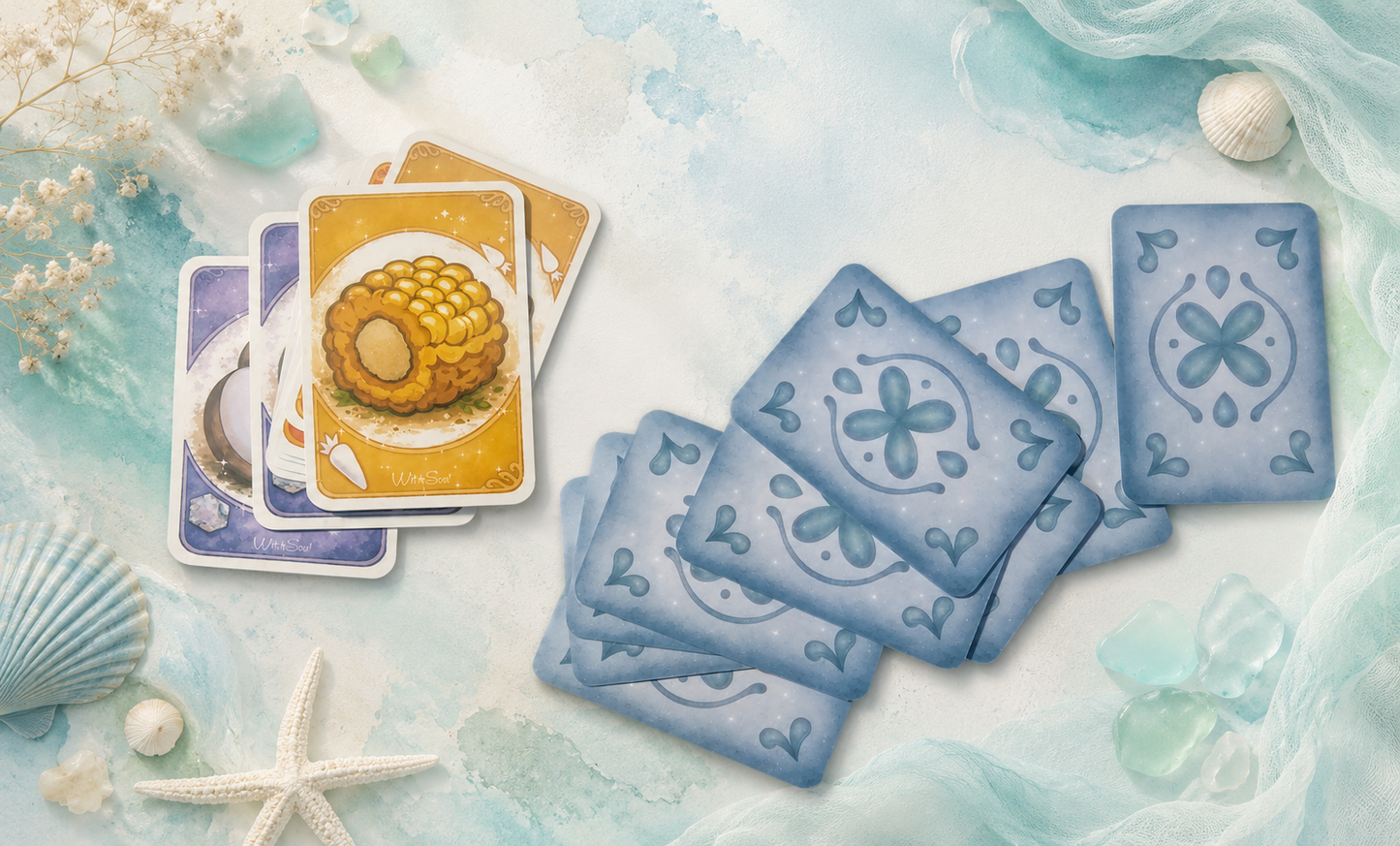 Palia Inspired Hot Pot Card Game Handmade Sea Glass Collection with Patchwork Bag